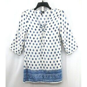 Pacific Beach Shirt Womens Size M White Blue 3/4 Sleeve V-Neck Blouse Top